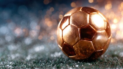 Fototapeta premium A close-up view of a shimmering golden soccer ball resting on lush green grass, symbolizing victory and dreams associated with the passion for the sport and teamwork.