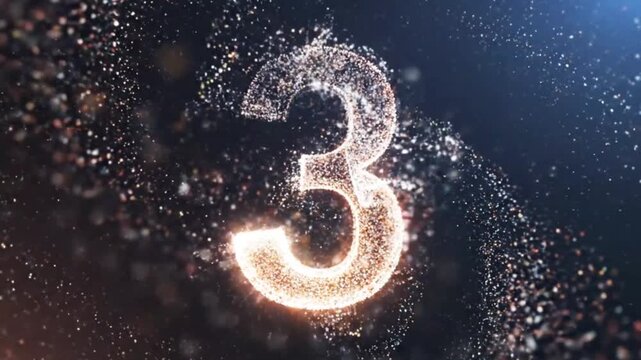 Magical number three reveal for an intro. Glowing golden particles forming the number 3. Animated countdown sequence in a cosmic space background. 
