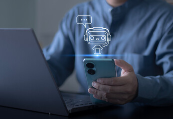  AI assistants, automation, customer support, digital communication, and intelligent technology – business professionals are using smartphones and laptops with chatbot icons.
