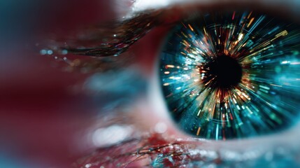 A close-up of a human eye with vibrant, swirling colors and lights conveys depth, perception, and the boundless potential of human vision and imagination.