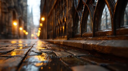 A cobblestone street glistening with rain creates a serene atmosphere, capturing the beauty of reflections and the quiet charm of urban life during a rainy day.