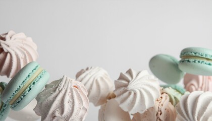 マカロンとメレンゲの焼き菓子のコピースペース  
Copy space with macarons and baked meringue sweets
