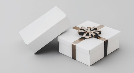 Image White Gift Box With Gold Ribbon And Bow On Gray Background