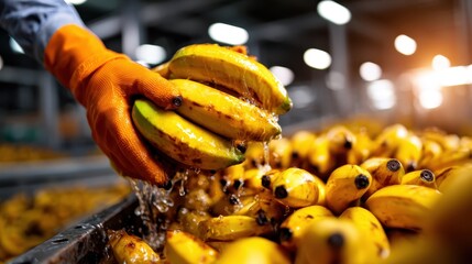 A diligent worker, wearing protective gloves, carefully handles fresh bananas in a busy warehouse, exemplifying hard work and the importance of supply chains in our daily lives.