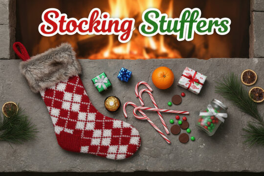 Cozy Christmas stocking stuffers by a warm fireplace full of festive treats