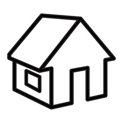 Outline drawing of a house rendered in an isometric view, giving it depth, shows a pitched roof, a front side with a doorway and window. Related to building structure in a spatial or virtual context