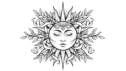 Detailed pencil sketch of a woman s face surrounded by ornate floral and leaf patterns