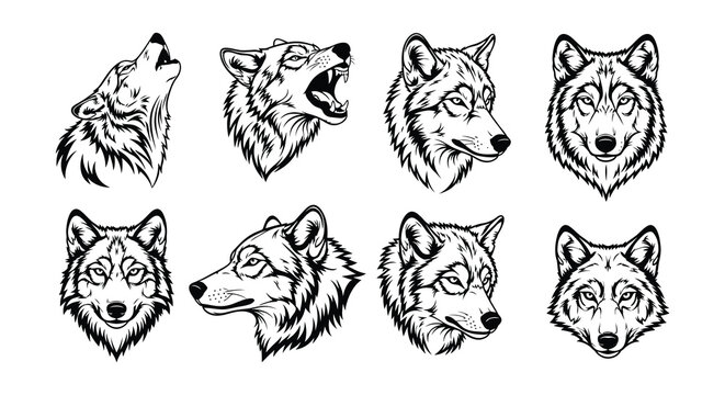 A collection of monochrome wolf head illustrations in various poses