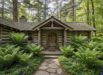 Charming Log Cabin Surrounded by Lush Green Ferns and Trees