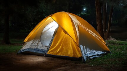 Vibrant Yellow Tent Glowing at Night Surrounded by Lush Greenery and Trees