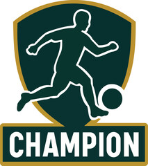 This dynamic graphic features a silhouette of a soccer player in motion, expertly designed within a shield emblem. The bold "CHAMPION" text emphasizes victory and achievement, making this logo ideal f
