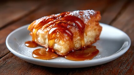 A mouthwatering pastry drizzled with rich caramel sauce, showcasing the golden layers of flaky pastry and inviting sweetness that tempts every dessert lover.