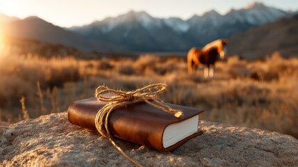 A beautifully placed leather-bound book captured against a breathtaking mountainous backdrop at sunset, symbolizing adventure and the joy of exploration in nature.