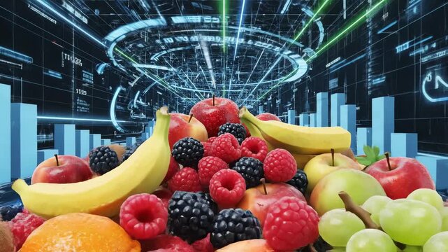 Seamless looping abstract motion background featuring digitally generated fresh fruits and produce constantly spawning and layering over a complex geometric visualization of economic expansion economi