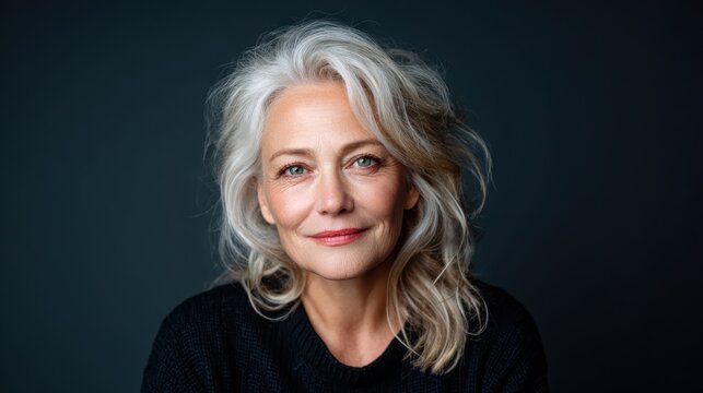A stunning portrait of an elegant woman with silver hair, showcasing a confident expression against a dark backdrop, evoking feelings of grace and introspection.