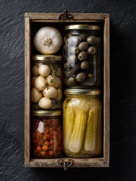 preserved vegetables and mushrooms in a box with seamer on the black chalkboard no logos no brands ar 34