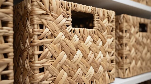 Seamless looping abstract shot focusing on the repeating geometric pattern created by stacked rectangular woven storage containers inside a bright minimalist utility closet basket, digital