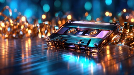 A vintage cassette tape rests on a wooden surface, surrounded by colorful bokeh lights, evoking nostalgia for music lovers and the retro vibe of past decades.