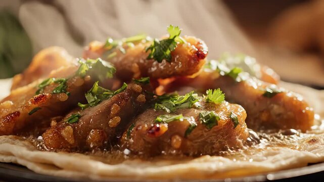 Seamless looping abstract texture shot showing intense heat steam shimmering and rising rapidly from freshly placed pieces of sizzling fried meat and fragrant herbs piled high on flatbread motion grap