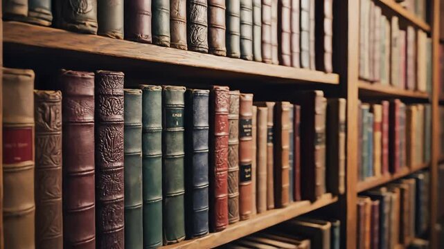 Seamless looping abstract shot of traditional generic books subtly shifting and zooming out from a densely packed wooden shelf creating a textured knowledge background modern, vintage, motiongraphics
