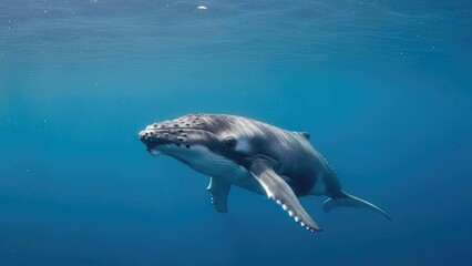 Naklejka premium Majestic Humpback Whale Swimming Gracefully in the Deep Blue Ocean Waters.