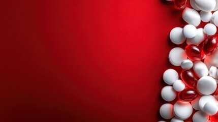 An array of white and red pills arranged artfully against a vibrant red backdrop, symbolizing health, wellness, and the importance of medication in modern life.