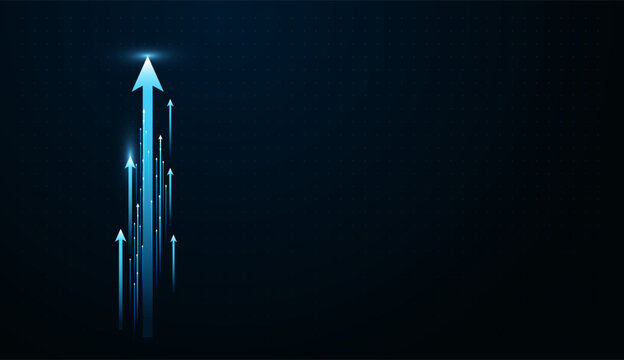 A cluster of glowing blue arrows rockets upward, symbolizing rapid financial growth and digital innovation. Digital blue growth up arrows on the technology background