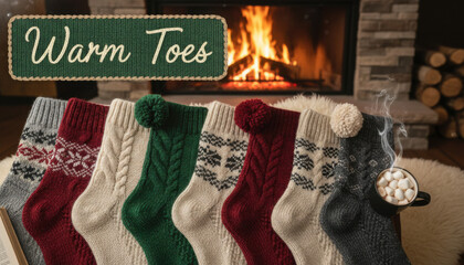 Cozy warm socks by a roaring fireplace with a cup of hot chocolate and marshmallows