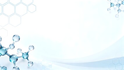 Light blue scientific background with transparent 3D molecular spheres, hexagon outlines, and soft wave gradients. Spacious copy area for medical, biotech, chemistry, and pharmaceutical presentations.