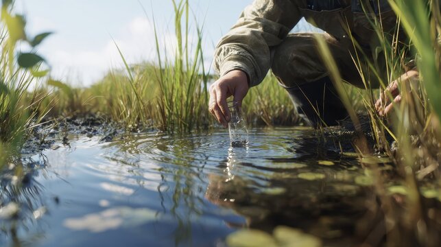 environmental scientist conducting water quality testing in marshy wetlands outdoor research scientific exploration closeup perspective