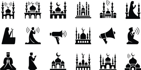 Naklejka premium Islamic prayer and mosque icons set in black silhouette style for religious themes