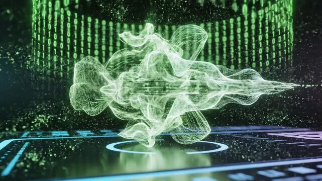 Seamless looping animation of green binary code transforming into an ethereal fractal data cloud above a clean digital device interface glowing, network, coding