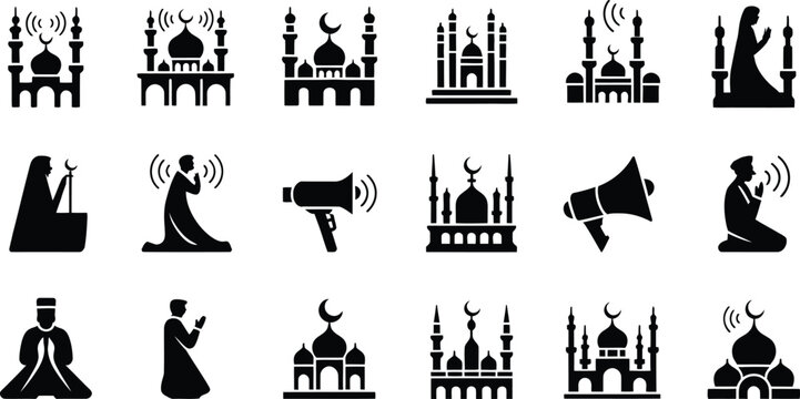 Islamic prayer and mosque icons set in black silhouette style for religious themes