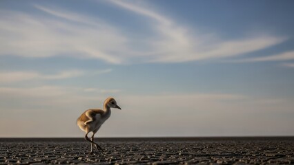 Small flamingo chick walking on dry cracked earth under a vast, cloudy sky, symbolizing resilience and new life in harsh environments.