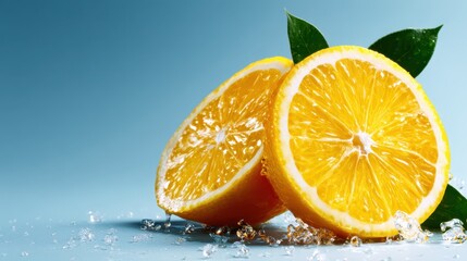 This image features beautifully sliced orange halves, showcasing the vibrant colors and textures, set against a soft blue background. Perfect for healthy lifestyle imagery.