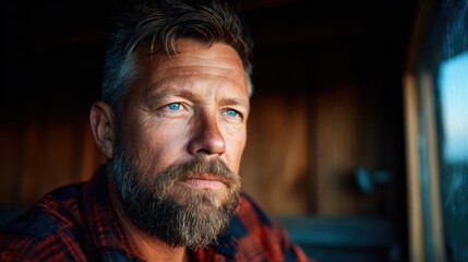 A thoughtful man gazes introspectively out of a window, with natural light pouring in, creating an atmospheric space that evokes deep contemplation and personal reflection.
