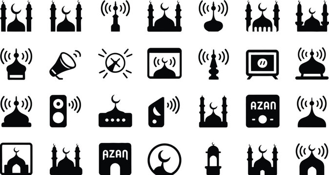 Mosque and minaret azan broadcast icon collection illustrating islamic prayer call signals