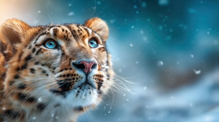 A majestic tiger stands poised amidst a snowy landscape, its striking blue eyes and powerful presence highlighting the beauty of wildlife and the raw essence of nature in winter.