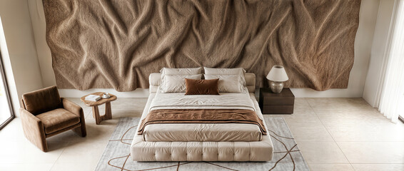 Interior Luxury Bedroom with Textured Wall Art Tufted Bed and Sculptural Nightstand