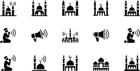 Collection of flat black glyph icons representing islamic call to prayer and mosques