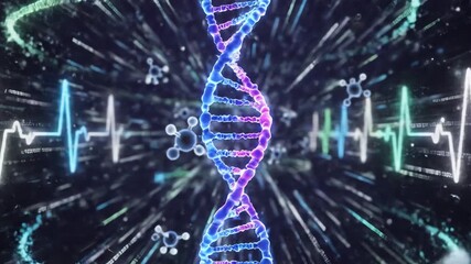 Seamless looping anime background featuring glowing stylized molecular structures and abstract digital health data flow protection, backdrop, biology - Powered by Adobe