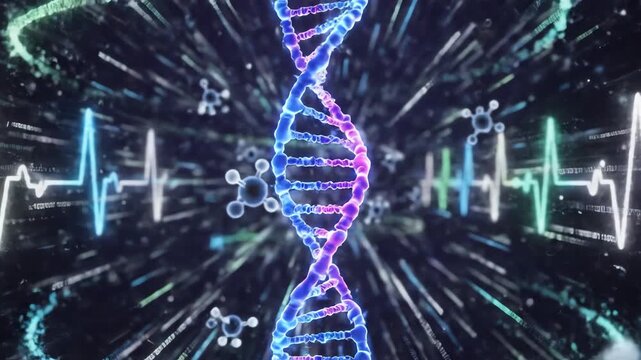 Seamless looping anime background featuring glowing stylized molecular structures and abstract digital health data flow protection, backdrop, biology