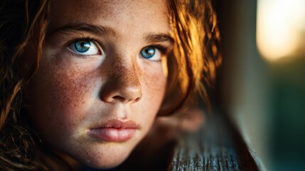 A close-up portrait of a young girl with captivating blue eyes and freckles, exuding a mix of curiosity and contemplation, capturing the essence of childhood emotions and innocence.