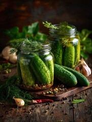 pickled cucumbers with herbs and spices on a wooden background no logos no brands ar 34