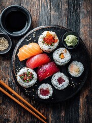 sushi roll seafood maki susi salmon tuna rice nori wasabi sesame asian food meal snack copy space food background rustic top view no logos no brands ar 34