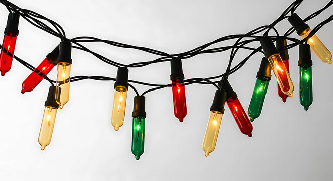 String of red green and yellow glass Christmas lights on white background decoration holiday - Powered by Adobe