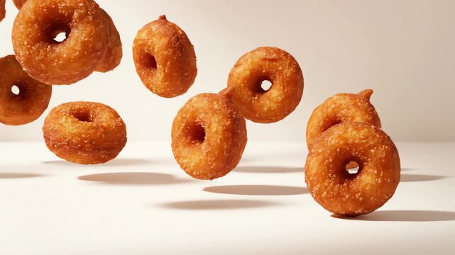 Seamless looping background of small floating medu vada fritters subtly rotating and drifting across a clean, minimalist off-white surface abstract, small floating medu vada