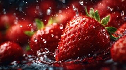 A close-up shot of ripe strawberries surrounded by water droplets, where freshness and vibrancy come together to create a visually captivating and appetizing composition.