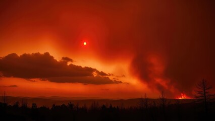 Obraz premium Dramatic red sky and smoke from a wildfire at sunset.