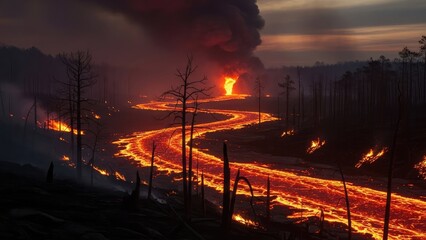 Dramatic Night View of Volcanic Eruption with Flowing Lava Rivers and Ash Plume.